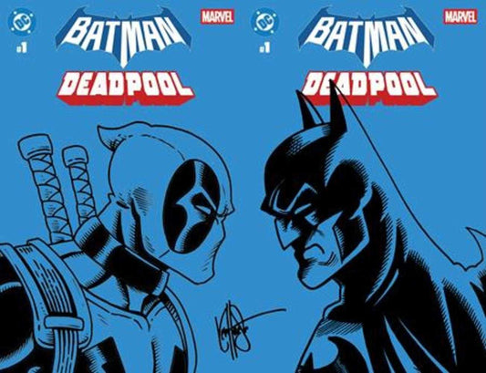 Df DC Marvel Batman Deadpool #1 Blue Blank Variant Two Cover Set Signed And Remarked By Ken Haeser With Deadpool vs Batman Sketch